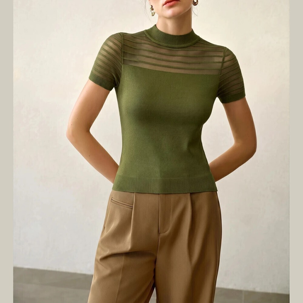 Olive Green Sheer Striped Yoke Mock Neck Short Sleeve Knit Top Tee